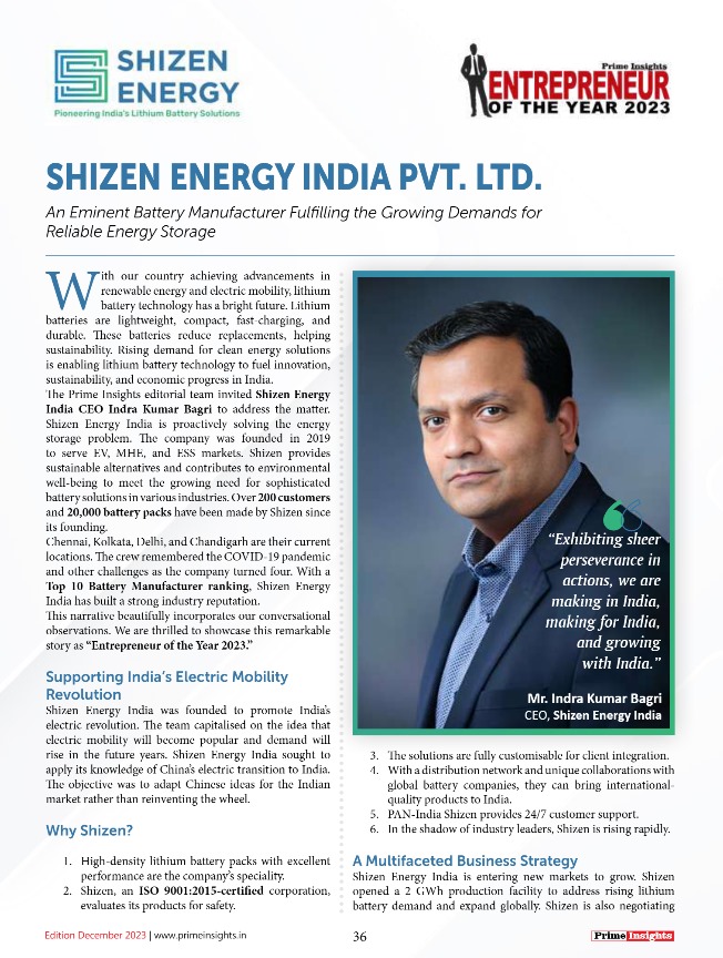 Article about Shizen Energy proudly announces its recognition as Entrepreneur of the Year 2023 by Prime Insights Magazine.